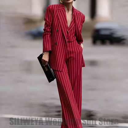 Navy Women's Striped 3 Piece Suit Double Breasted Blazer Vest Wide-Leg Pants Set Fashion Formal Party Office Casual Outfit