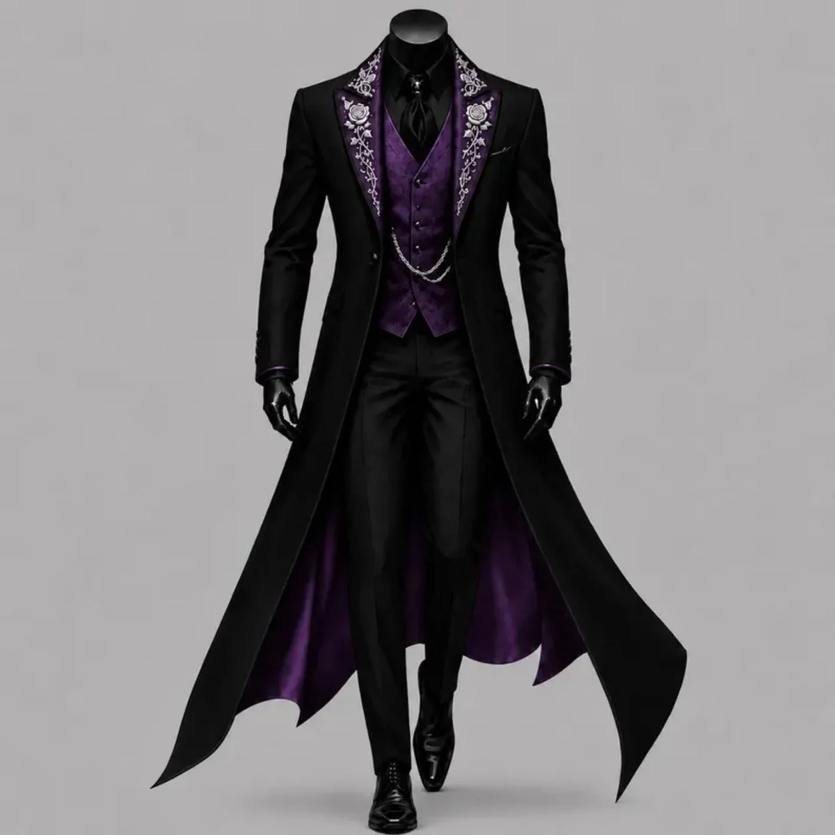 Men Black Gothic Long Tail Coat 3 Pieces Suit Jacket Purple Vest Pants Set Tuxedo Formal Banquet Wedding Cosplay Customized