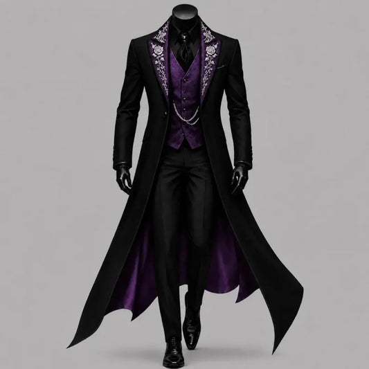 Men Black Gothic Long Tail Coat 3 Pieces Suit Jacket Purple Vest Pants Set Tuxedo Formal Banquet Wedding Cosplay Customized