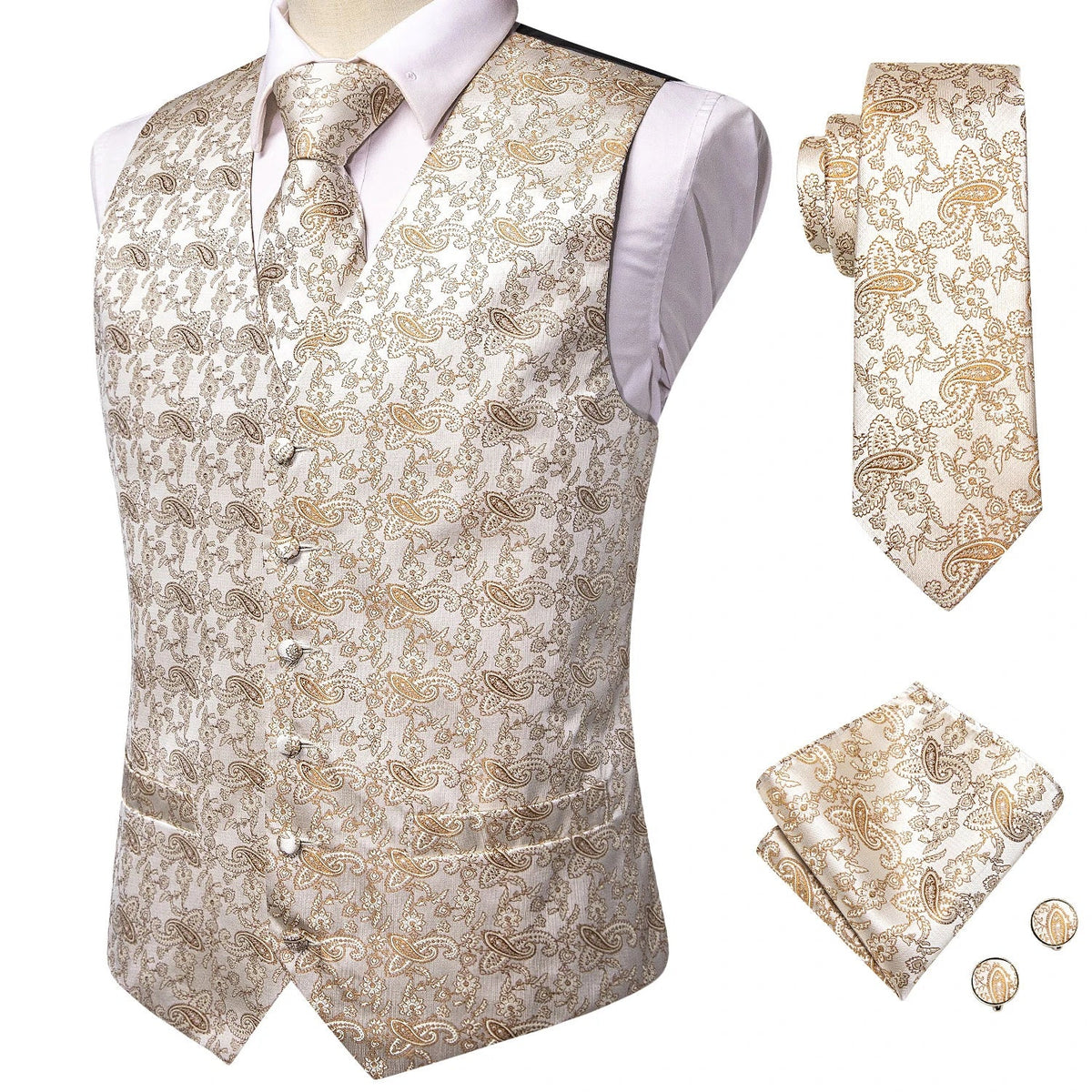 Men's Vest Suit Set – Champagne Gold Paisley Waistcoat for Weddings & Formal Events