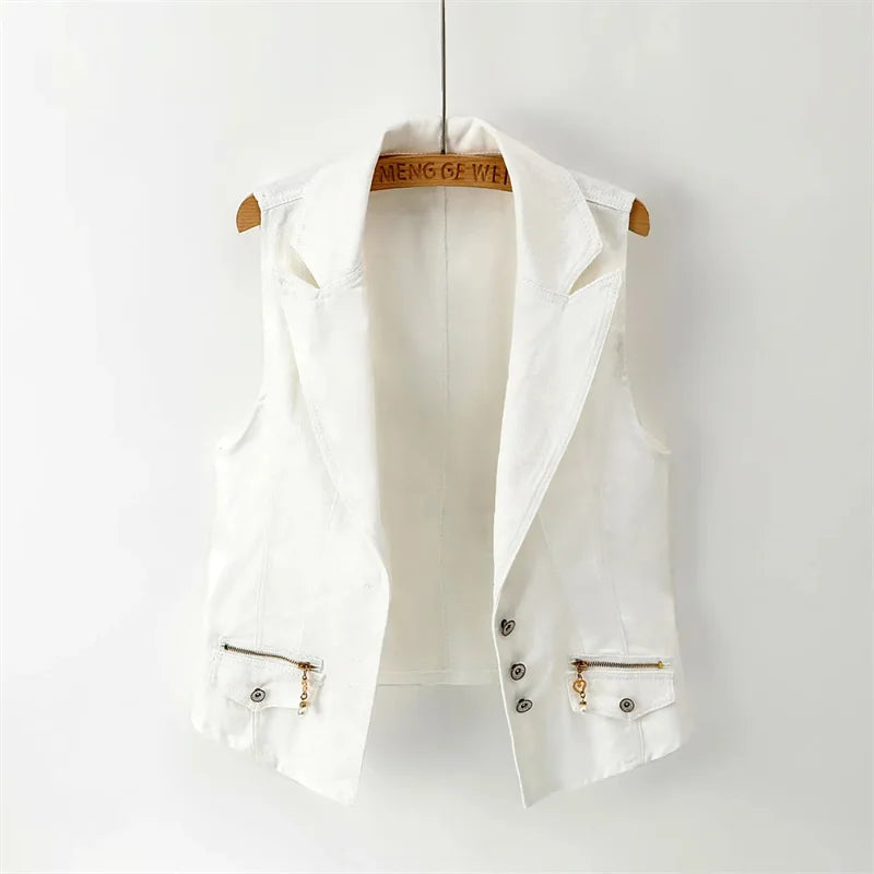 Women's Denim Vest 2025 New Ladies White Jean Jacket Fashion Waistcoat Summer Vest Coat Outwear S-5XL