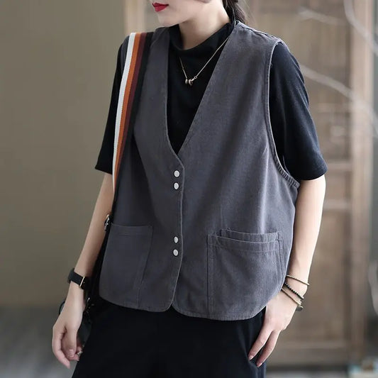 Women's Vintage Casual Vest Solid Color V-Neck Button Up Sleeveless Waistcoat with Pockets