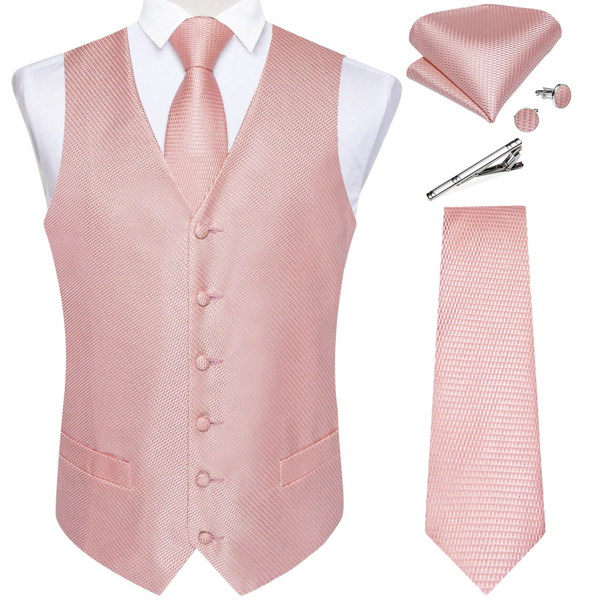 Men's Suit Vest Set with Tie, Handkerchief & Cufflinks for Wedding & Banquet