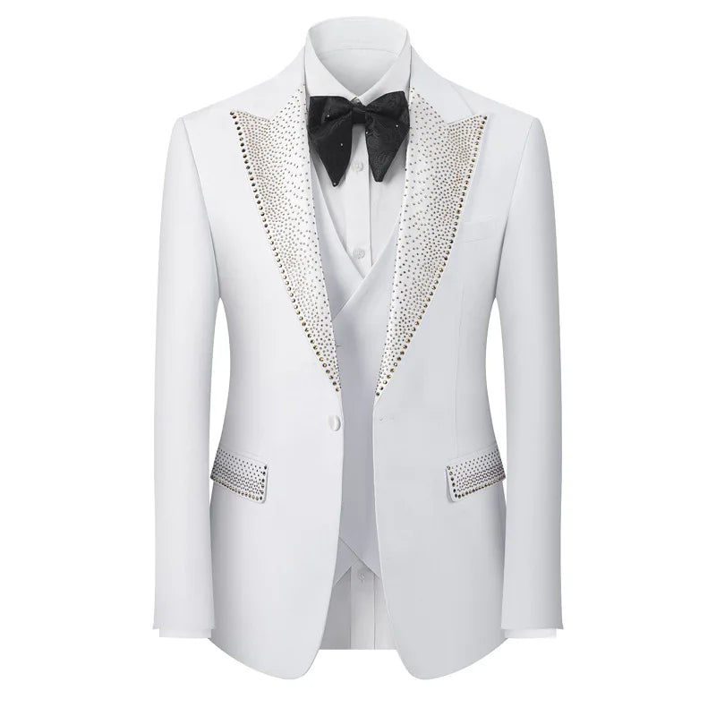 Rhinestone Lapel 3 Piece Suit Set (vest+Blazer+Trousers) Business Formal Casual Suits Wedding Groom Party Stage Men's Suit M-5XL