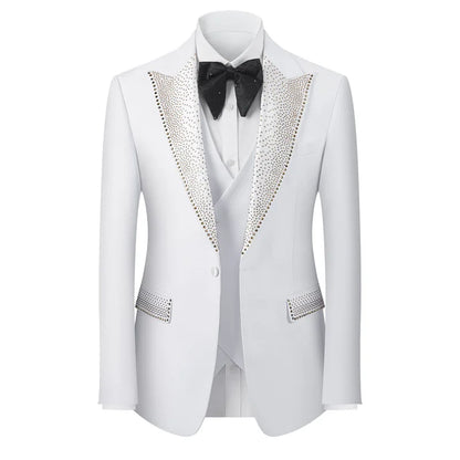 Rhinestone Lapel 3 Piece Suit Set (vest+Blazer+Trousers) Business Formal Casual Suits Wedding Groom Party Stage Men's Suit M-5XL