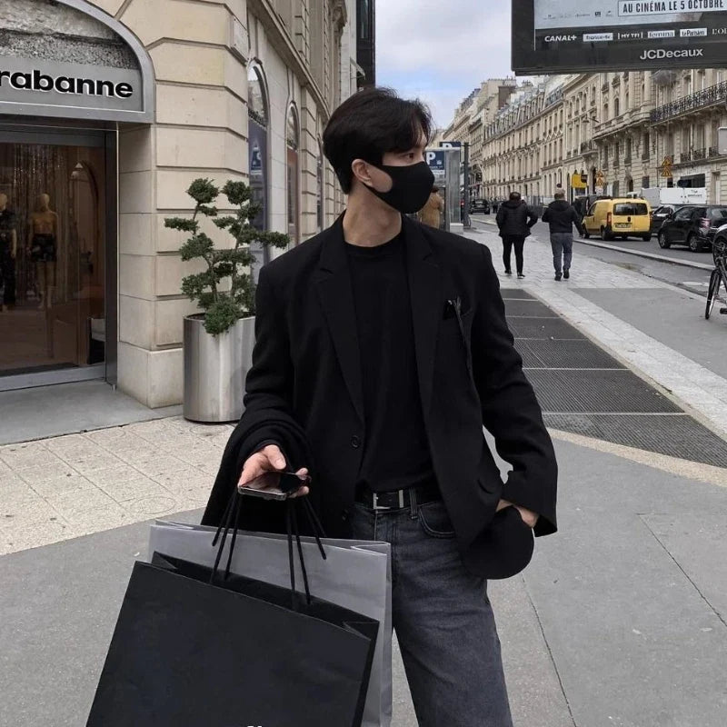 Men Minimalist Padded Shoulder Blazer Premium British Style Loose Black Suit Jacket Trendy Elegant Groom Outerwear