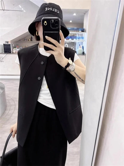Ladies Solid Color Vest Top Outwear Korean Femme Casual Suit Collar Sleeveless Jacket Spring Women Fashion Loose Waistcoat Coat