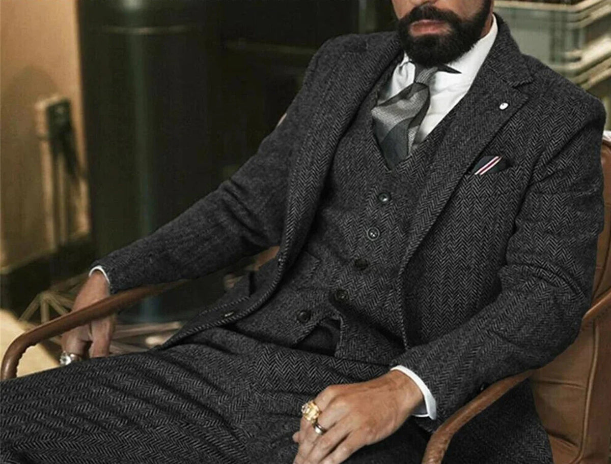 Costume d'Hiver Homme en Tweed de Laine Grise Motif Chevrons Coupe Slim Formel Smoking de Marié 3 Pièces pour Mariage (Veste+Gilet+Pantalon)