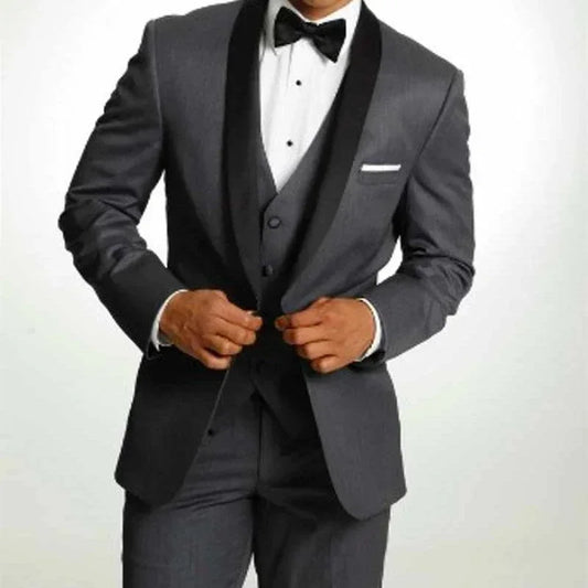 Grey Formal Wedding Elegant Men Suit Groom Tuxedo Prom Slim Fit Blazer Hombre Shawl Lapel High Quality Custom 3 Piece Set