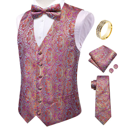 Men's Vest 6-Piece Matching Set – Paisley Waistcoat with Necktie, Bowtie & Accessories for Prom & Banquets