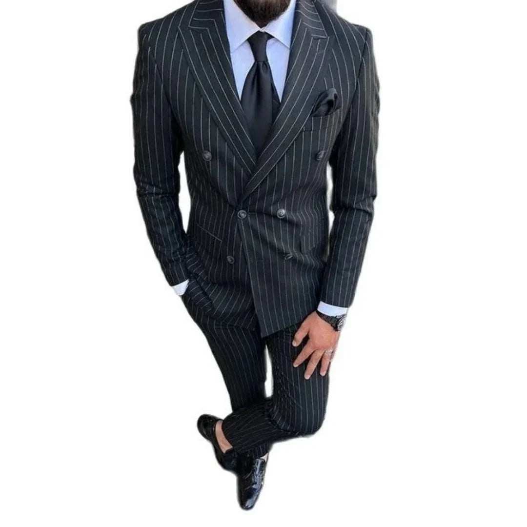 New Black Striped Men's Suit Slim Fit Business Peak Lapel Double Breasted Jacket Pants Wedding Party Prom Suits Set of 2 Piece