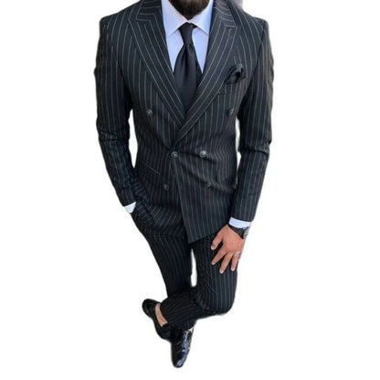 New Black Striped Men's Suit Slim Fit Business Peak Lapel Double Breasted Jacket Pants Wedding Party Prom Suits Set of 2 Piece