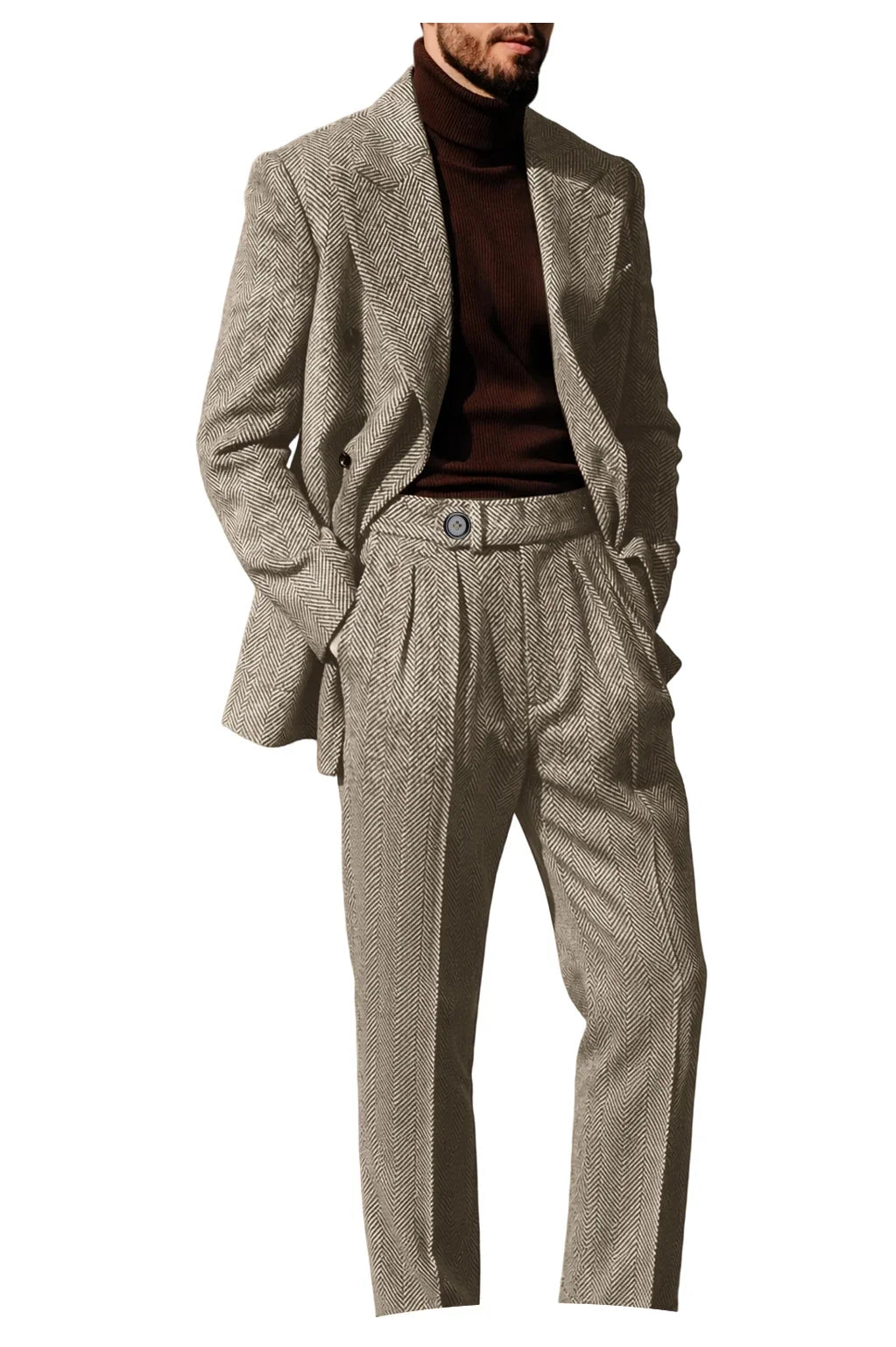 Men's Herringbone Suit 2-Piece Set – Double Breasted Blazer & Trousers for Wedding & Business