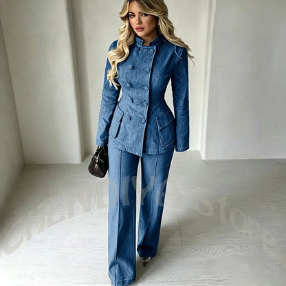Women‘s Dark Blue Denim 2-Piece Suit Set Tailored Double Breasted Stand Collar Smart Casual Streetwear Chic Daily Outfits