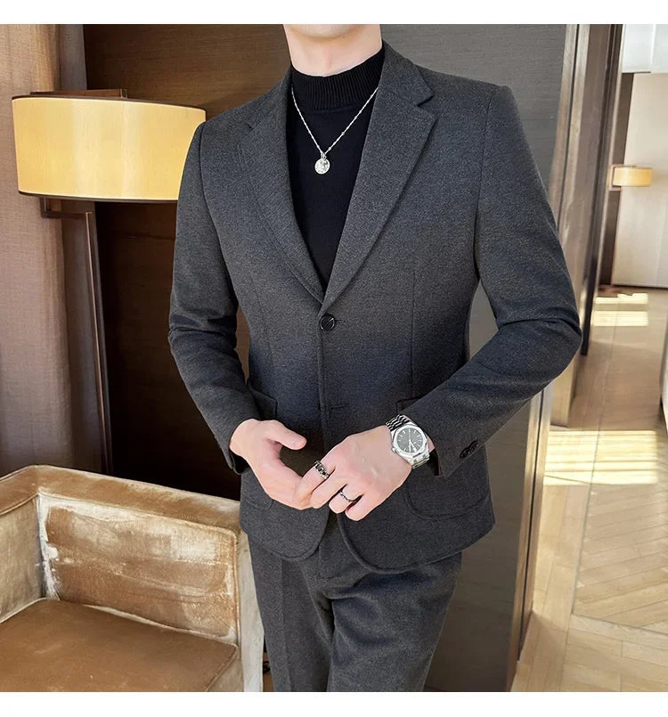 Plus Size 7XL-M ( Jacket+Pant）Autumn Winter Thickened Starry Sky Woolen Suit High Quality Slim Fit Business Social Casual 2 Pcs