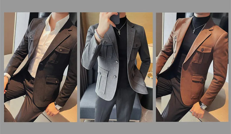 Winter Woolen Suit Jacket for Men Multiple Pockets Slim Fit Casual Business Blazers Masculino Wedding Streetwear Social Coats