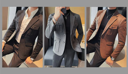 Winter Woolen Suit Jacket for Men Multiple Pockets Slim Fit Casual Business Blazers Masculino Wedding Streetwear Social Coats
