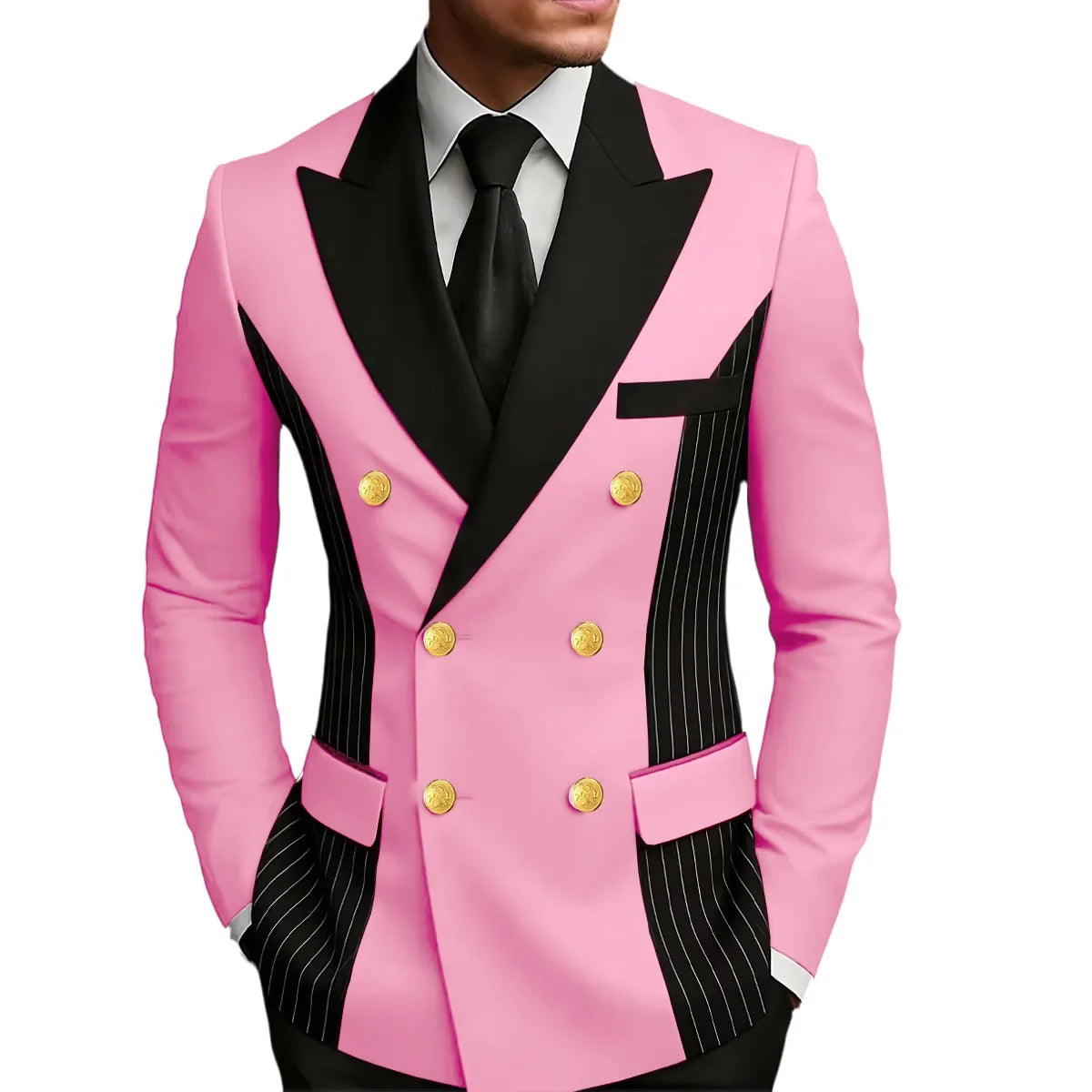Men's Double Breasted Blazer Striped Patchwork Peak Lapel Slim Fit Formal Wedding Suit Jacket