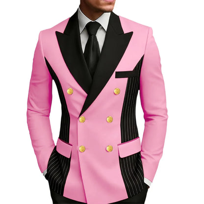 Men's Double Breasted Blazer Striped Patchwork Peak Lapel Slim Fit Formal Wedding Suit Jacket