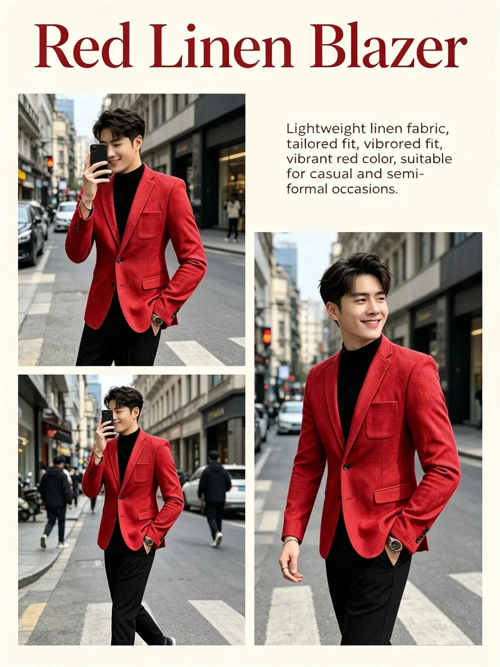 Mens Blazer Linen Blend Notched Lapel 1 Button Slim Fit Stitched Edge Patch Pockets Business Casual Daily Soft Breathable Jacket