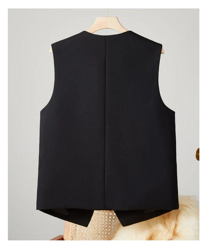 2025 New Women's Blazer High End Casual Vest Waistcoat Female Commuting Slimming Collar Less Sleeveless Short Suit Jacket Lined