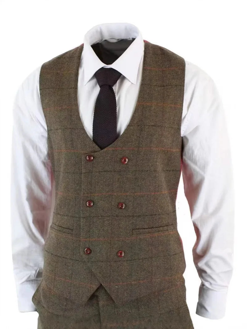Élégant ensemble de costumes pour hommes 3 pièces à carreaux marron en laine à chevrons pour mariage, bureau, smoking, formel, affaires - Veste Gilet Pantalon