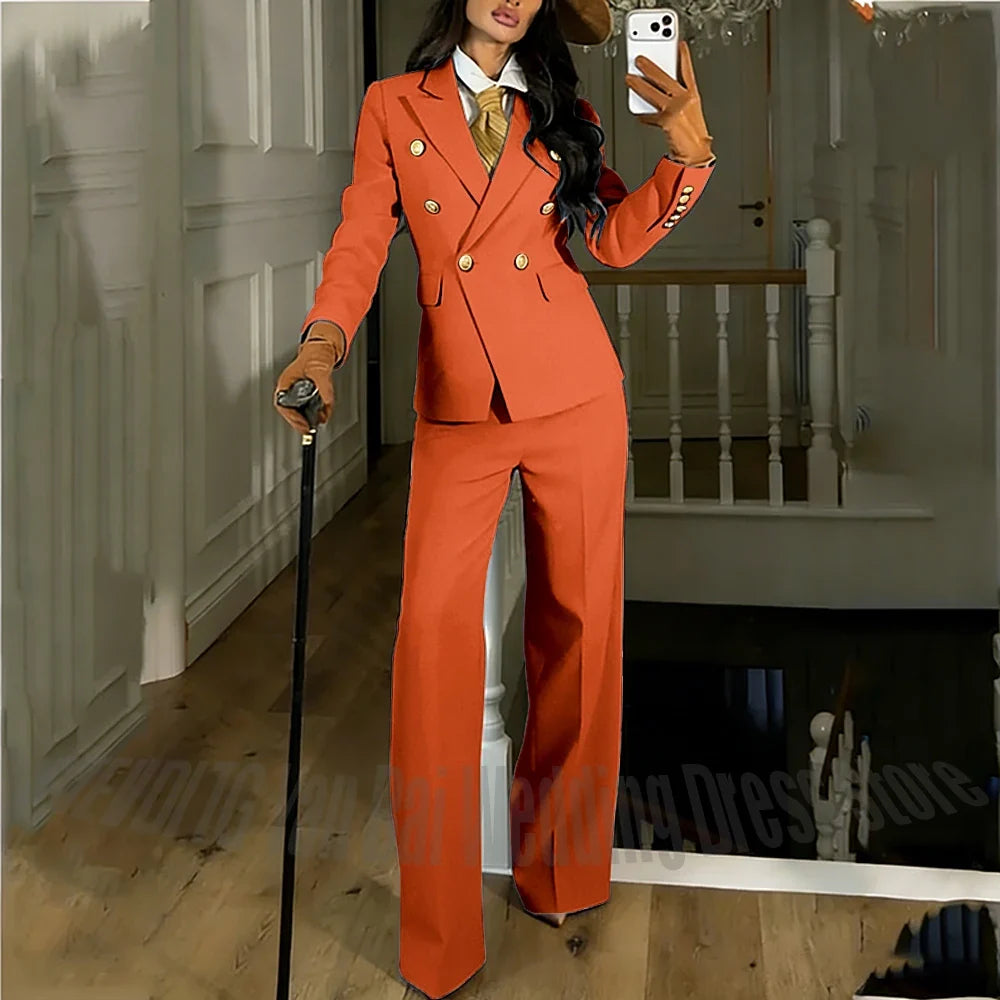Navy Blue Women's Suit Regular Fitted Customized Peaked Lapel Blazer Professional Outfit(Jacket+Pants) Office Lady Daily Set