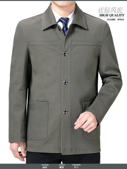 Men's Middle-Aged Cotton Jacket Spring Autumn Lapel Trench Coat Large Size with Buttons Fashionable Classic Outerwear