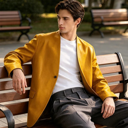 Men's PU Leather Collarless Blazer Single Button Loose Fit Jacket for Wedding Party Office