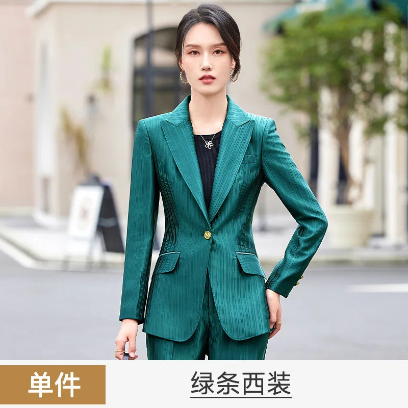 Professional Women's Suit2024New Autumn Green Striped Acetate Suit Workwear Elegant High-end Workplace Formal Wear