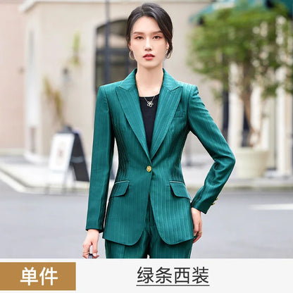 Professional Women's Suit2024New Autumn Green Striped Acetate Suit Workwear Elegant High-end Workplace Formal Wear