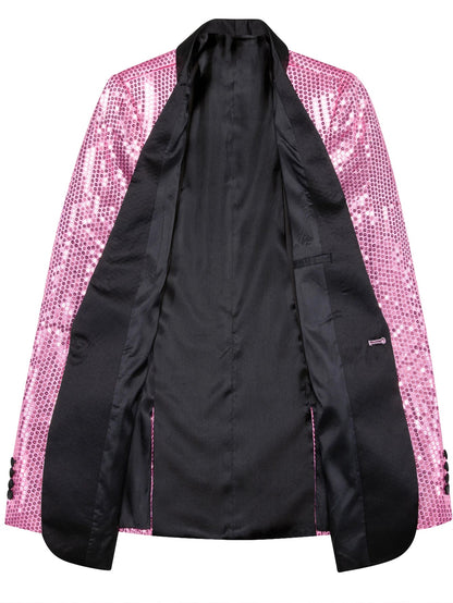 Pink Sequin Mens Party Suit Blazer, Black Satin Shawl Lapel Slim Fit Tuxedo Jacket Wedding Club Night Event Outfit