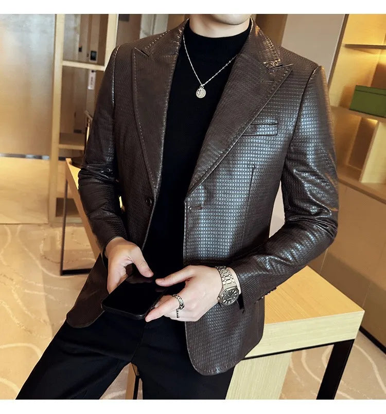 Korean Waffle Leather Suit Jacket Men's Business Casual PU Leather Blazer Slim Fit Wedding Groom Office Social Formal Coats 2026