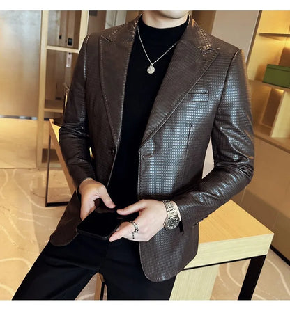 Korean Waffle Leather Suit Jacket Men's Business Casual PU Leather Blazer Slim Fit Wedding Groom Office Social Formal Coats 2026