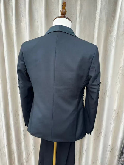 3-Pieces Men's Black Suit Set Formal Banquet Party Wear Luxurious Crystal Shawl Lapel Tuxedo Host Costumes S-3XL Wedding Suits