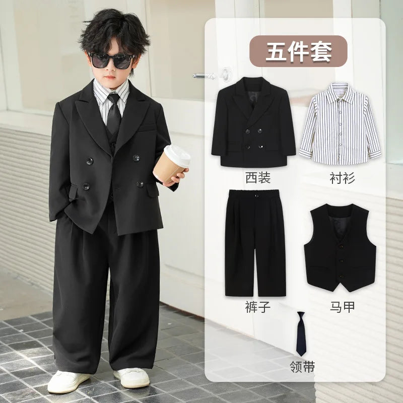School Boys Double Breasted Blazer Suit Set with Wide Leg Pants Formal Streetwear Outfit for Kids Toddlers Wedding Birthday Part