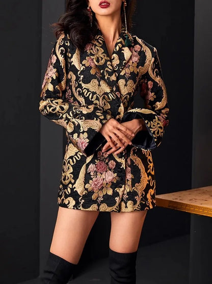 Vintage Women Slim Fit Single Breasted Floral Jacquard Long Blazer Jacket Stage Show Suit Coat Autumn New OL Party Outwear Coat