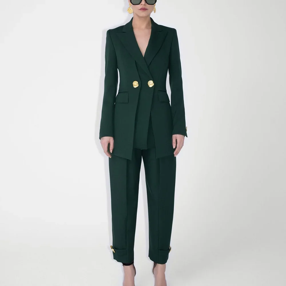 Dark Green Suit Set Two Pieces New Design Autumn Outfit for Women Classy Peaked Lapel Slim Fit Luxury Lady Set Office Wear