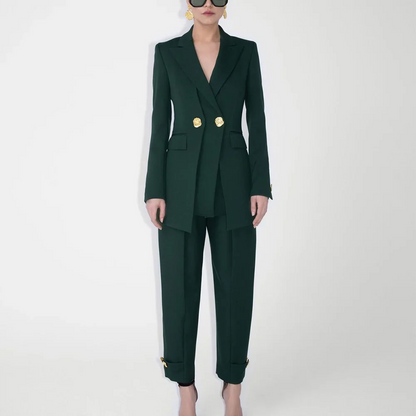 Dark Green Suit Set Two Pieces New Design Autumn Outfit for Women Classy Peaked Lapel Slim Fit Luxury Lady Set Office Wear