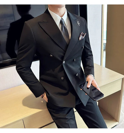 (Jackets +Pants ) Men's Suits 2 Piece High-Quality Double Breasted Lapel Solid Business Groom Wedding Tuxedo Banquet Clothing