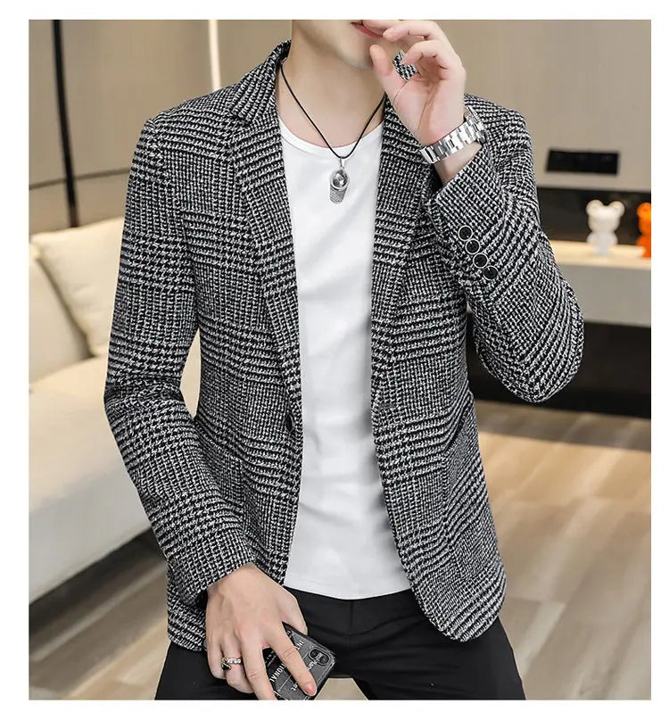 Men's Slim Fit Blazer Single Breasted Plaid Smart Casual Suit Jacket