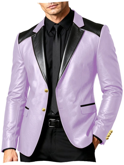 PU Leather Men's Suit Blazer Patchwork Style Wedding Groom Tuxedo Formal Office Prom Jacket High Quality Business Casual Coat