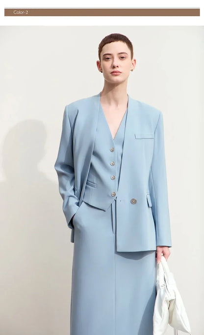 Minimalism Blazers For Women 2026 Autumn New Commuter V-neck Heart-shaped Buckle Shoulder-pad Professional Jackets 12453042