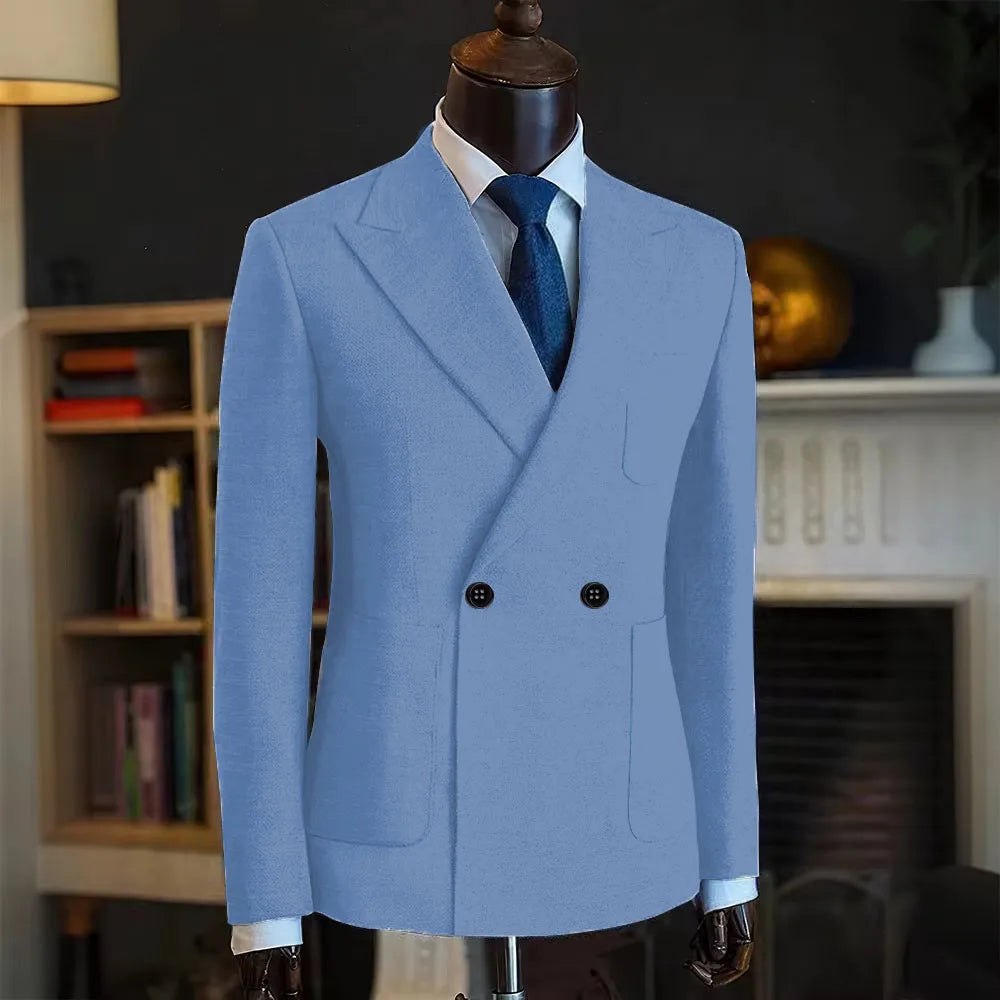 Classic Men Linen Blend Suit Blazer Double Breasted Peak Lapel Man Formal Jacket  Business Slim Fit Lightweight Coat For Wedding