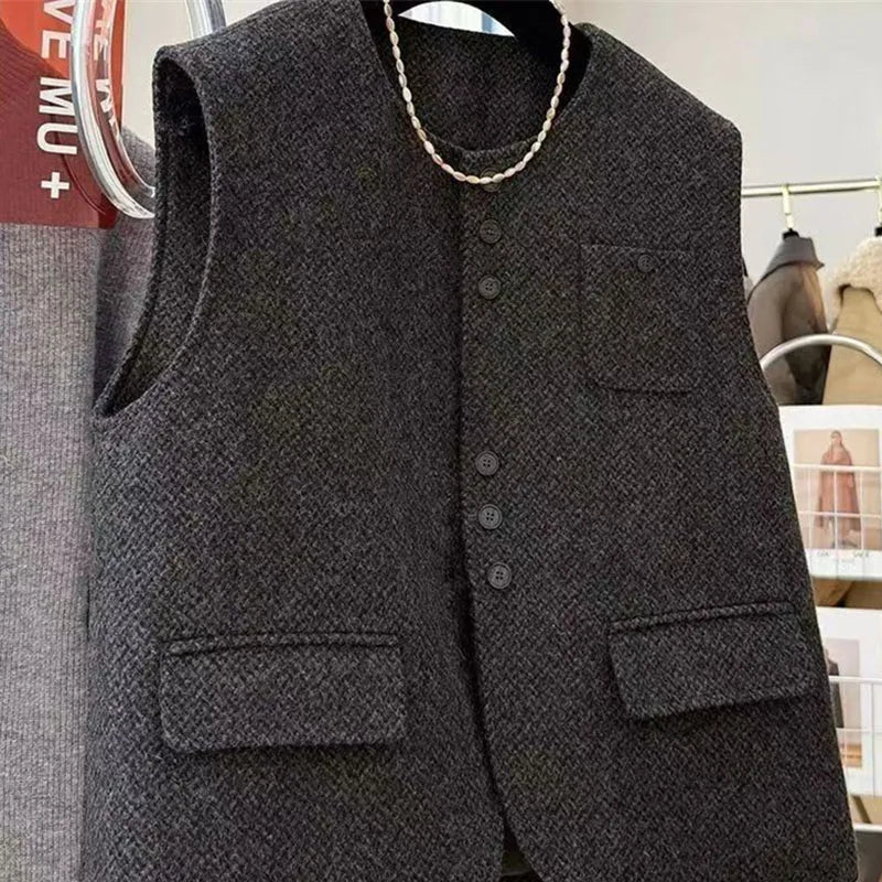 Women O- Neck Woolen Vest Coat European Female Cardigan Cotton Waistcoat Jacket Autumn Ladies Fashion  Sleeveless Tops Outwear