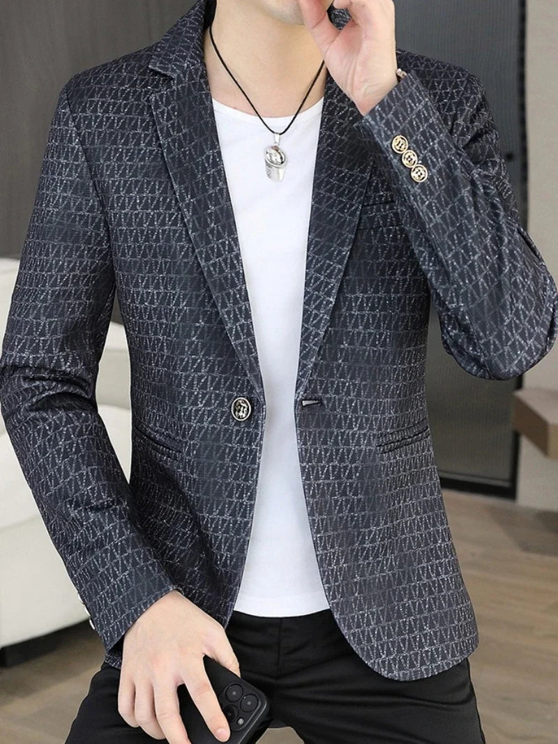 Korean Fashion Suit Jacket Men Slim Fit Geometric Printed Casual Business Blazers Autumn Social Groom Hairstylist Uniform Jacket