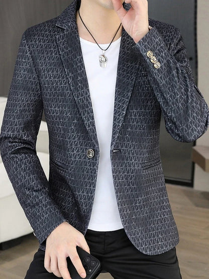 Korean Fashion Suit Jacket Men Slim Fit Geometric Printed Casual Business Blazers Autumn Social Groom Hairstylist Uniform Jacket