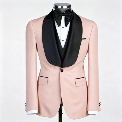 Men Suit Champagne 3 Piece With Black Lapel For Wedding Groom Banquet Party Birthday Prom Business Work Office Jacket Vest Pants