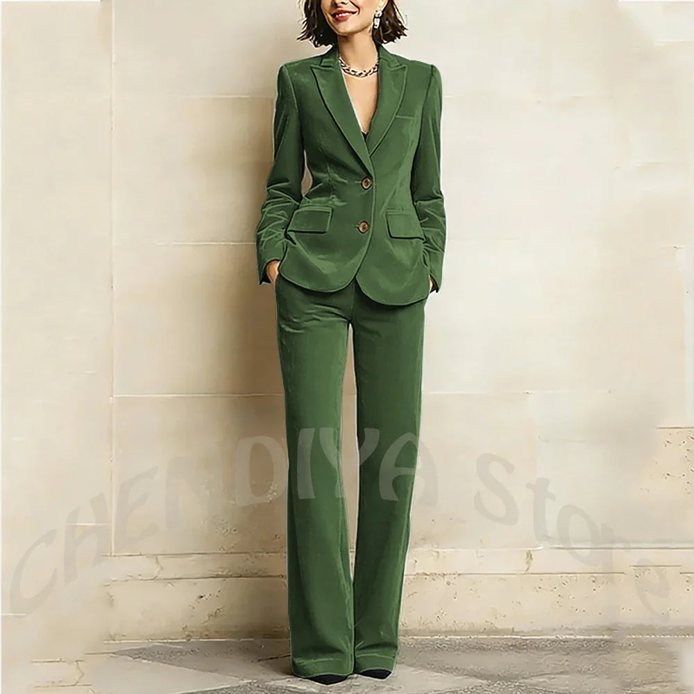 Purple Velvet Women Suit Two Pieces Classic Peaked Lapel Straight Outfit Single Breasted Tailored Elegant Lady Set Jacket Pants