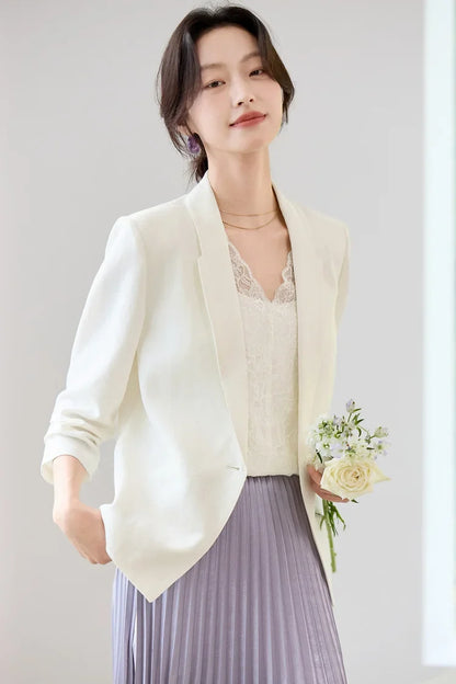 Blazer For Women's Commuter Flat Collar, One Button-down Shoulder Pads, Seven-quarter Sleeves Short Jacket 152XC1936